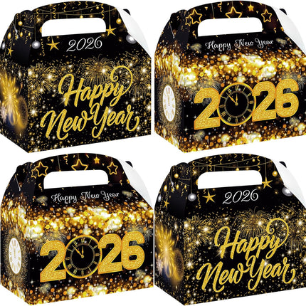 12-Piece 2026 New Year Party Bags – Black & Gold Gable Treat Boxes