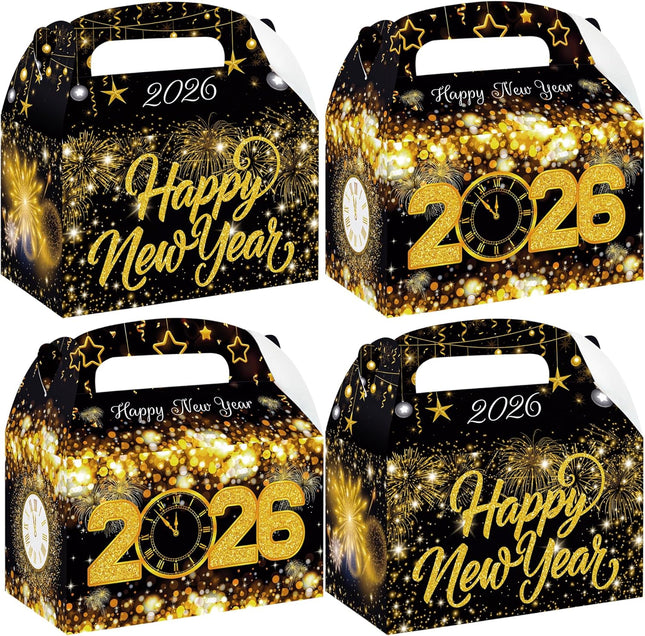 12-Piece 2026 New Year Party Bags – Black & Gold Gable Treat Boxes