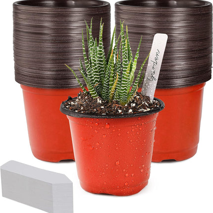 100 Plastic Nursery Pots for Flowers & Seedlings – Includes Plant Labels