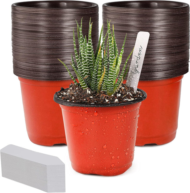 100 Plastic Nursery Pots for Flowers & Seedlings – Includes Plant Labels