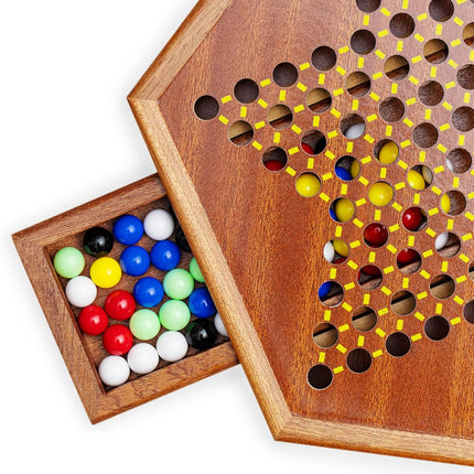 Wooden Chinese Checkers Game Set with Storage Drawer 60 Color Pieces