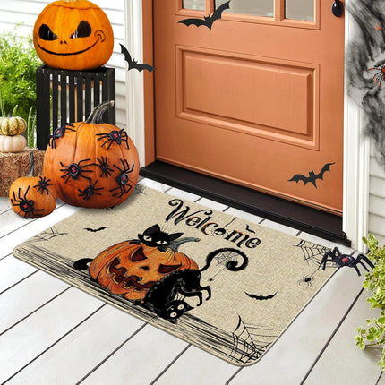 Halloween Door Mat 17x29in, Cat Pumpkin Welcome Rug for Front Door Outdoor Decor
