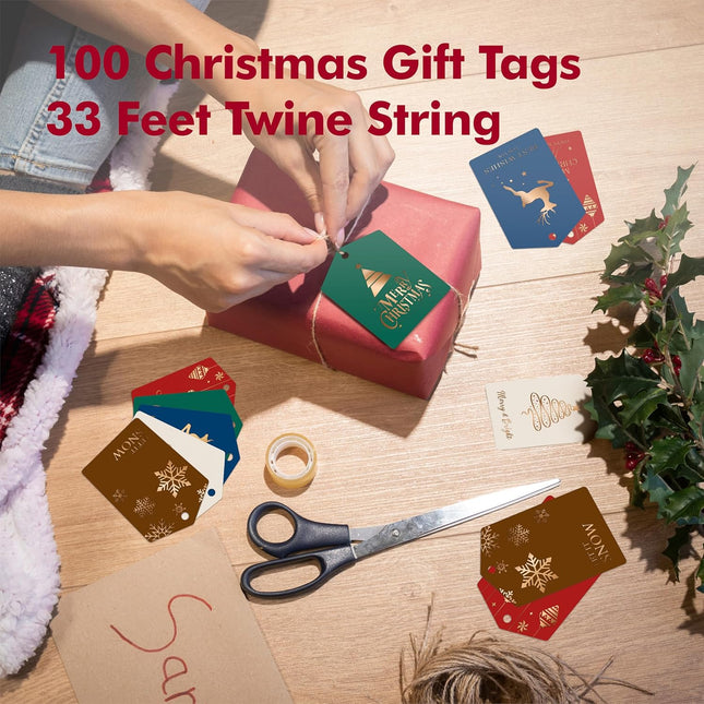 100PCS Christmas Gift Tags – Gold Foil with 33ft Rope for Holiday Gifts