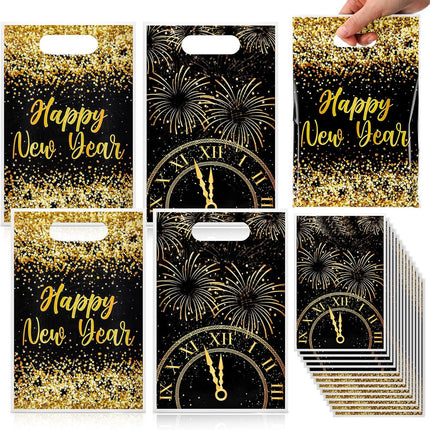 12-Piece NYE Party Favor Bags – Black & Gold Happy New Year Gift Bags