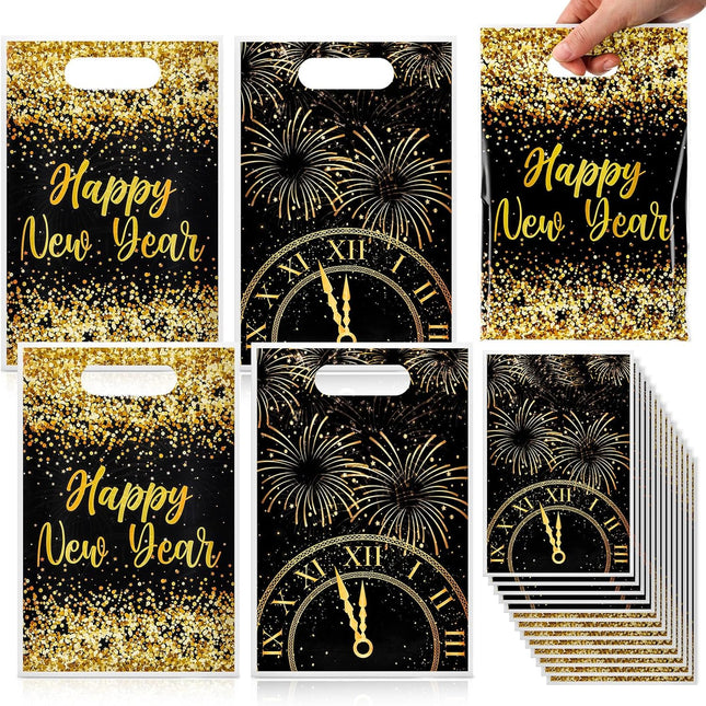12-Piece NYE Party Favor Bags – Black & Gold Happy New Year Gift Bags