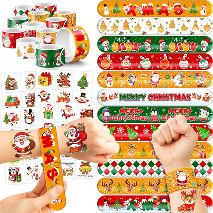 72PCS Christmas Party Favors – 48 Tattoos & 24 Slap Bracelets for Kids