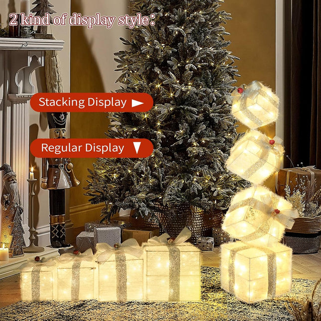 Christmas Lighted Gift Boxes – 4 Stackable Nesting Boxes, 2.8Ft, Battery Timer