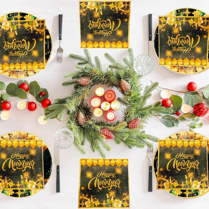 48-Piece Happy New Year Disposable Tableware – Gold Plates & Napkins