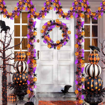 50FT Halloween Tinsel Garland, Pumpkin Spider & Bat Metallic Twist Party Decor