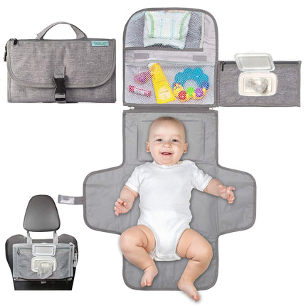 Portable Diaper Changing Pad, Travel Mat with Wipes Pocket, Grey, for Babies