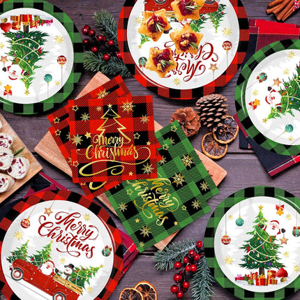 Christmas Paper Plates and Napkins, Buffalo Plaid Red & Green with Xmas Tree Design