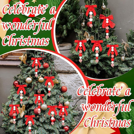 12 Sets Candy Cane Christmas Ornaments – Rustic Wood & Bead Decor with Bows