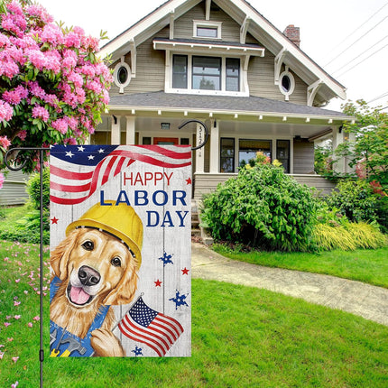 Happy Labor Day Golden Retriever Garden Flag 12x18 Double Sided Burlap