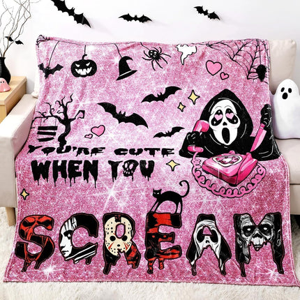 Pink Halloween Ghost Flannel Throw Blanket 60x60in, Soft Plush Couch & Bed Decor