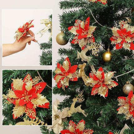 12 PCS Red & Gold Poinsettia Flowers – Xmas Tree & Holiday Decoration