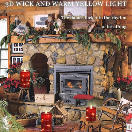 3 Pack Red Flameless Pillar Candles with Remote, Timer & String Lights