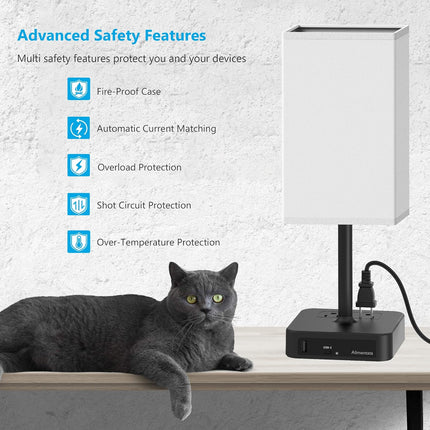 Bedside Table Lamp Touch Control USB C+A 2 AC Outlets Black Fabric Shade White