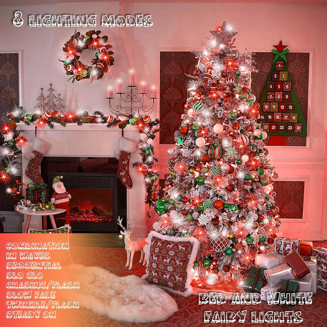66Ft 200 LED Red & White Christmas Lights | Plug-In Fairy String Lights