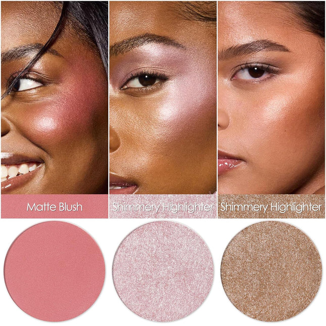 3-in-1 Blush & Highlighter Palette #03, Matte Shimmer Powder Makeup, Cruelty-Free Glow