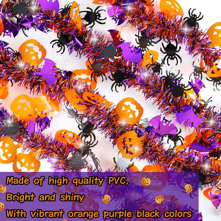 50FT Halloween Tinsel Garland, Pumpkin Spider & Bat Metallic Twist Party Decor