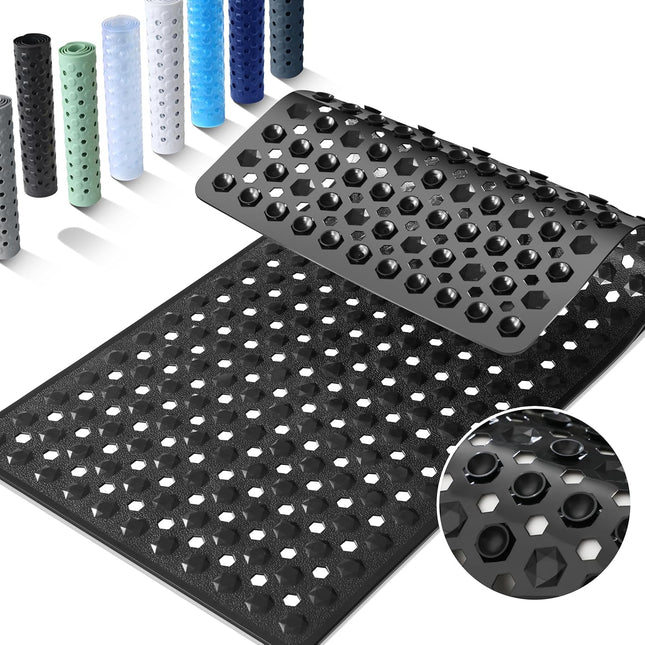 Long Shower Bath Mat with Strong Suction Cups Machine Washable Black