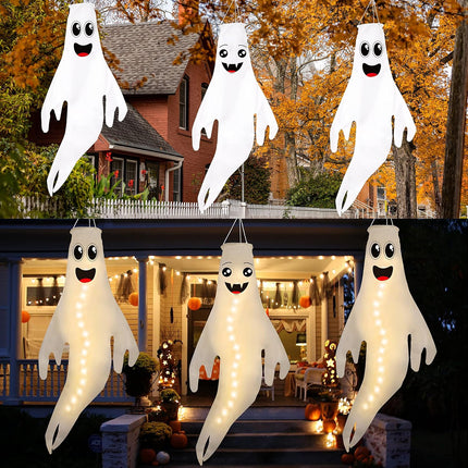 3-Pack 43in Lighted Halloween Ghost Windsocks, LED Hanging Tree & Yard Decor
