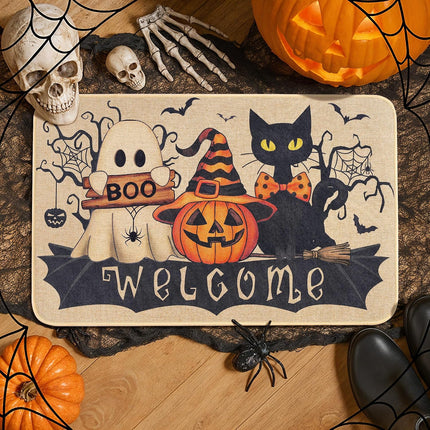 Halloween Welcome Mat 17x26.8in, Ghost Cat Pumpkin Design, Non-Slip Entryway Rug