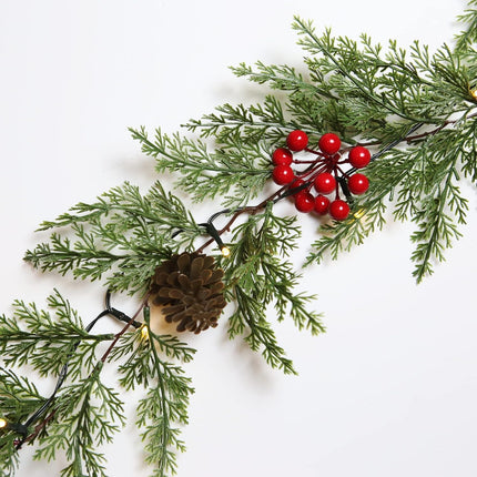 Christmas Garland with Lights – 20 LED Battery Powered, Pine Cones & Red Berries