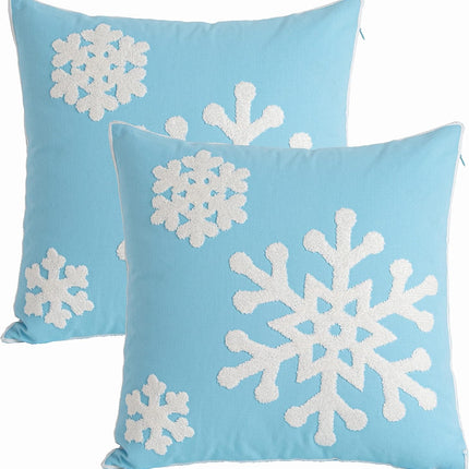 2PCS Blue Christmas Pillow Covers – 18x18 Snowflake Embroidered Cotton Decor