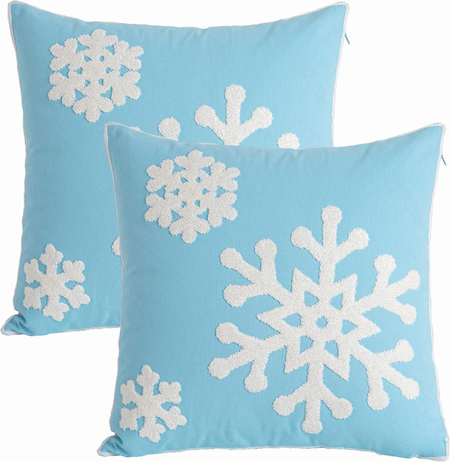 2PCS Blue Christmas Pillow Covers – 18x18 Snowflake Embroidered Cotton Decor