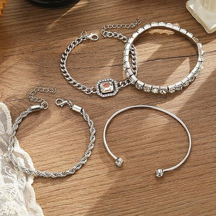 4-Piece Dainty Gold & Silver Bracelets – 14K Plated, Adjustable, Trendy