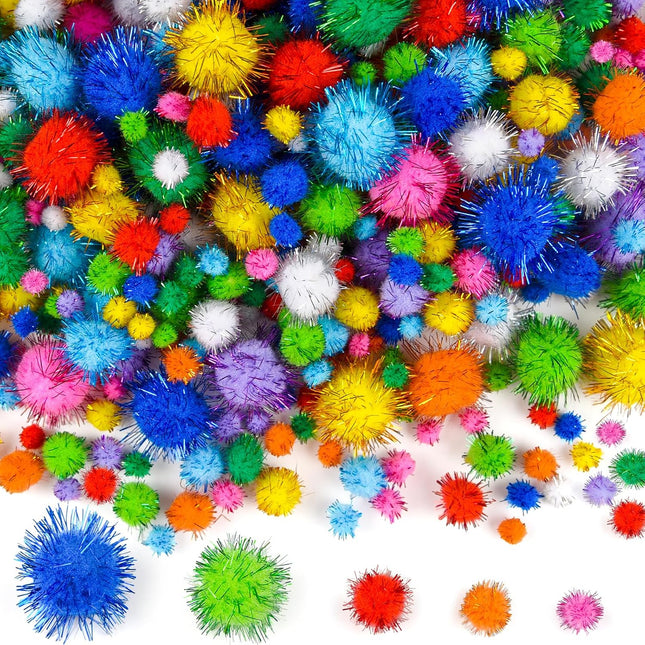 1200 Pcs Glitter Pom Poms for Crafts, 5 Sizes 10 Colors Fluffy Balls for DIY Projects