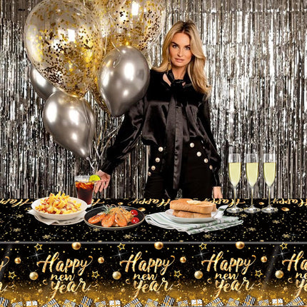 3-Pc Black Happy New Year Tablecloth – Gold Stars & Balls 54×108in
