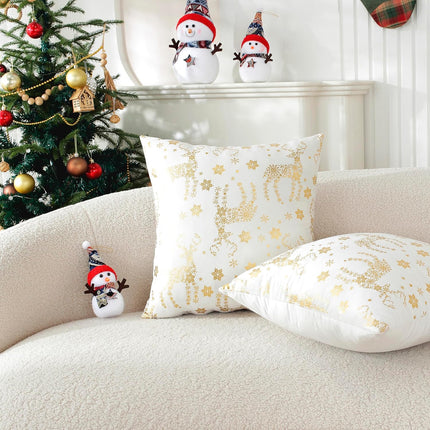 2PCS Holiday Decorative Pillow Covers – Gold Velvet Snowflake & Deer Cushion Case