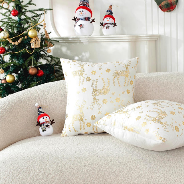 2PCS Holiday Decorative Pillow Covers – Gold Velvet Snowflake & Deer Cushion Case