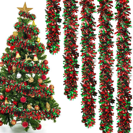Red & Green 50 Ft Christmas Tinsel Garland, Metallic Twist for Tree & Holiday Decor