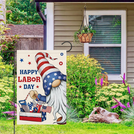 Happy Labor Day Gnome Garden Flag 12x18 Double Sided Burlap USA Flag Only
