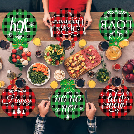 6-Pack Merry Christmas Round Placemats – Buffalo Plaid Washable Holiday Table Mats