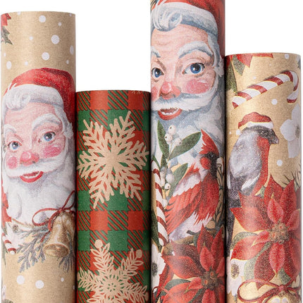 Christmas Kraft Wrapping Paper Set, 4 Rolls, Vintage Designs, 30"x10ft Each