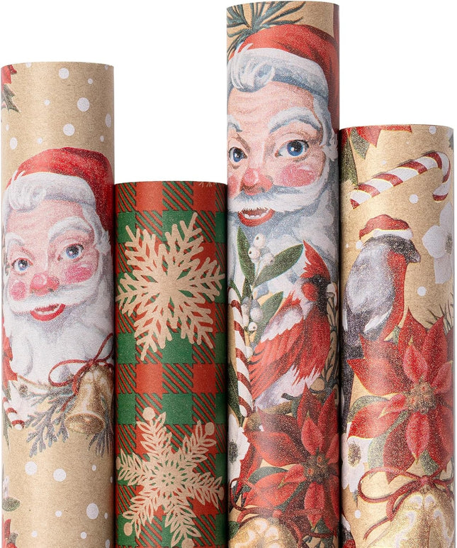 Christmas Kraft Wrapping Paper Set, 4 Rolls, Vintage Designs, 30"x10ft Each