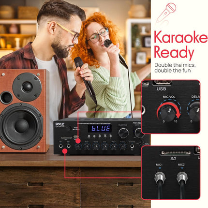 Bluetooth Stereo Receiver Amp, 2.0 Channel, USB/SD, FM, Mic Jack, Bass Control