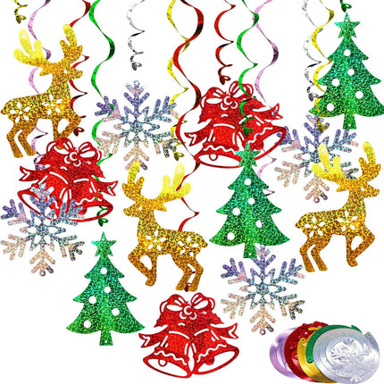 30-Piece Christmas Hanging Swirl Decorations, Merry Christmas Elk and Silver Snowflakes