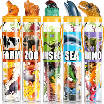 69 Pcs Mini Animal Figures Set with Sensory Bin – Jungle, Farm, Dino, Ocean Toys