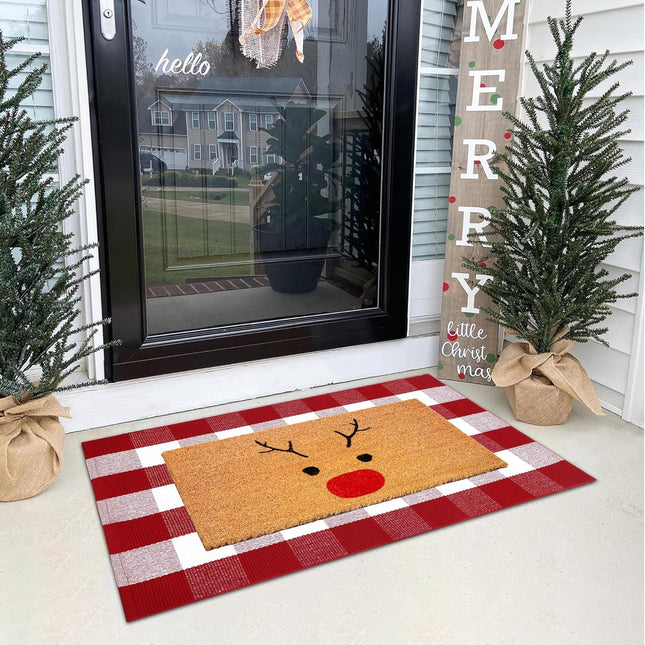 Christmas Door Mat Combo Set: 100% Coco Coir Welcome Mat + Red & White Plaid Rug