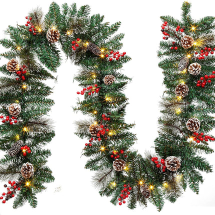 9FT Lighted Christmas Garland – Battery Operated with Pine Cones & Berries