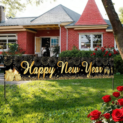 Happy New Year 2026 Outdoor Banner – Black & Gold Yard & Garden Decor
