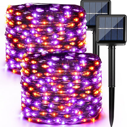 2-Pack 79FT 240LED Solar Halloween Lights, Orange Purple, 8 Modes, Waterproof