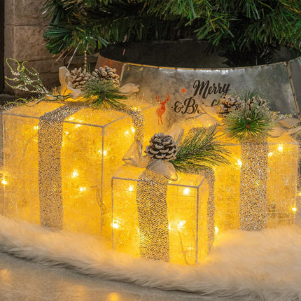 3PCS Lighted Xmas Gift Boxes – 60 LED Tinsel Decorations for Home & Yard