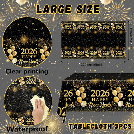 New Year 2026 Tablecloth Black Gold Plastic Party Supplies Home Kitchen