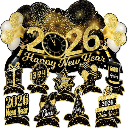 Happy New Year 2026 Table Decor – Black & Gold Honeycomb Centerpieces